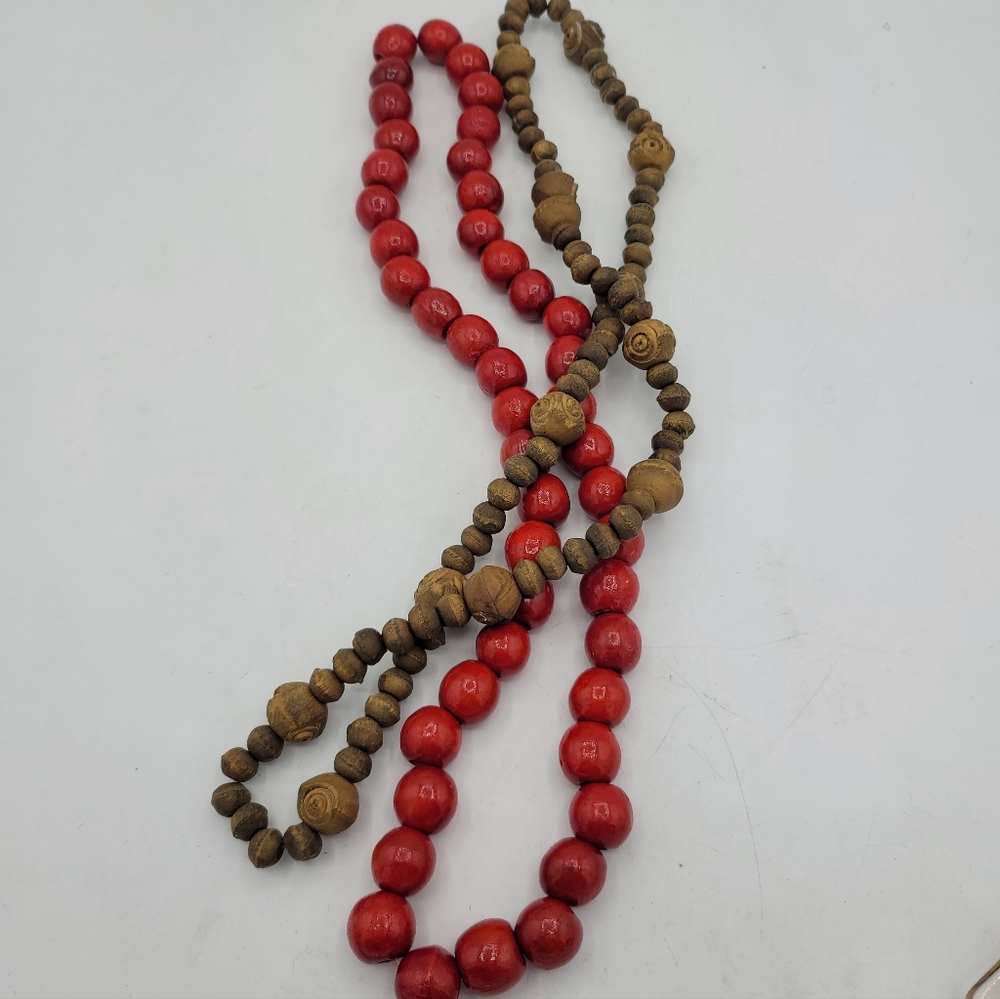 Hand-Carved Bayong Wood & Lacquered Red Bead Necklace Set, Vintage 1970s